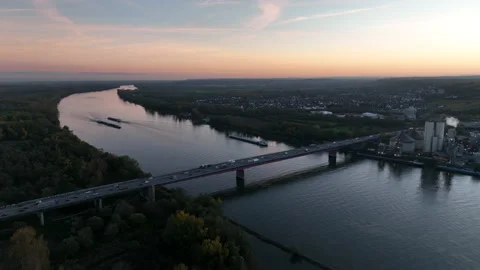 Highway bridge over river and ships Видео 221281087