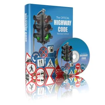 Highway code book and disk.  Book of traffic rules and law with traffic roa.. Illustrazione stock
