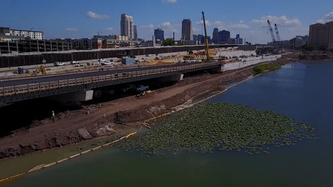HIGHWAY CONSTRUCTION AERIAL INTERSTATE I-4 ORLANDO SLOW APPROACH Stock Footage 126866608