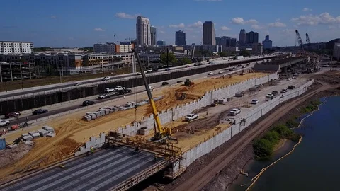 HIGHWAY CONSTRUCTION AERIAL INTERSTATE I-4 ORLANDO CRANE PROMINENT Stock Footage 126866644