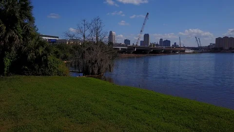 HIGHWAY CONSTRUCTION AERIAL INTERSTATE I-4 ORLANDO LAKE APPROACH Stock Footage 126866664