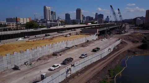 HIGHWAY CONSTRUCTION AERIAL INTERSTATE I-4 ORLANDO BRIDGE SEGMENT Stock Footage 126868474