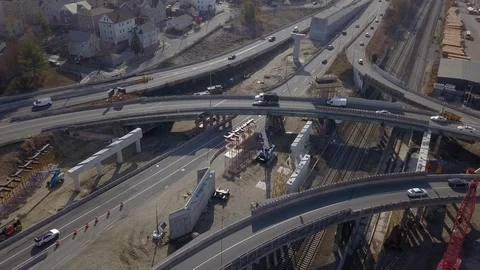 Highway Construction Bridge Replacement Aerial 4K Stock Footage 119600146