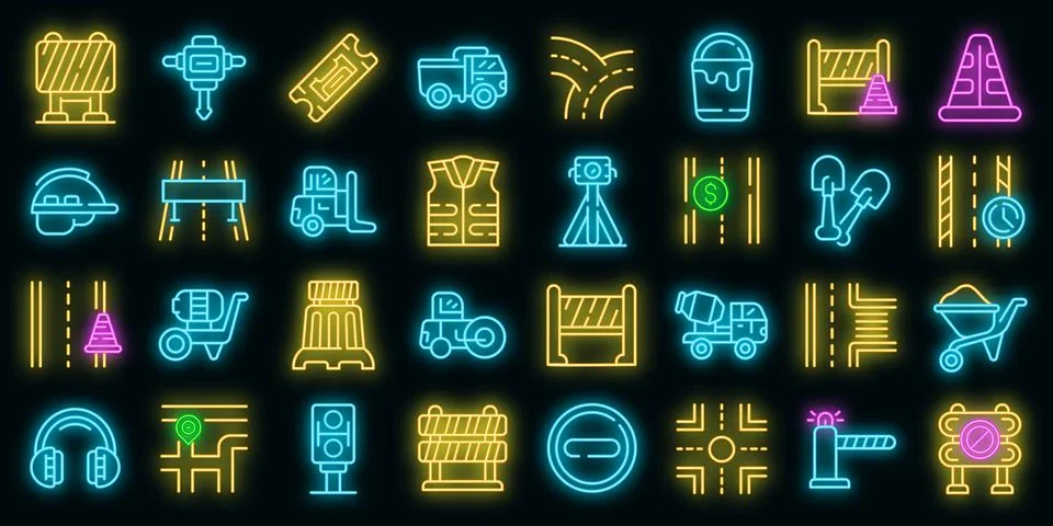 Highway construction icons set vector neon Illustrazione stock