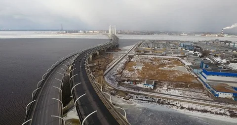 Highway construction. The new highway crossing the Gulf of Finland. Aerial drone Stock Footage 87754704