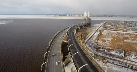 Highway construction. The new highway crossing the Gulf of Finland. Aerial drone Stock Footage 87754870