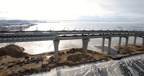 Highway construction. The new highway crossing the Gulf of Finland. Aerial drone Stock Footage 87755169