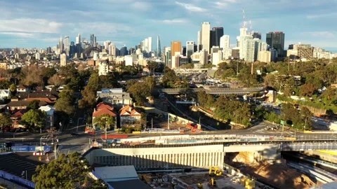Highway construction site and project in Sydney of NSW, Australia – aerial 4k. Stock Footage 288317091