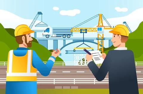Highway construction site check by field supervisor and manager vector illust Stock Illustration