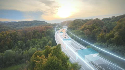 Highway delivery - Automatic smart trucks moving packages - 3d render Video stock 157744353