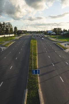Highway in the evening view from the bridge down. Evening city, motorway Stock Photos