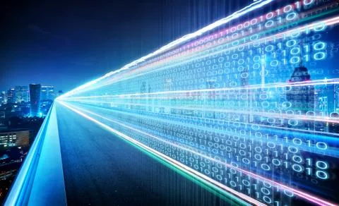 Highway flyover with binary code numbers on motion blurred asphalt  road , sp 库存照片