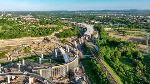 Highway interchange and ring road under construction in Krakow, Poland Stock Footage 311020446