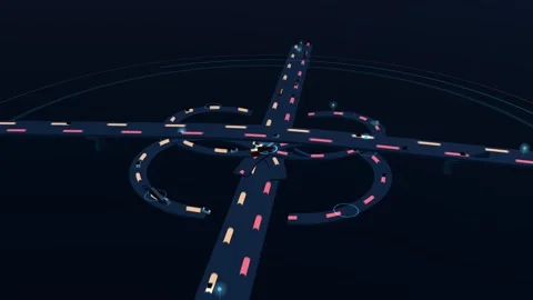 Highway interchange at night with warm and red vehicle light trails flowing Stock Footage 341071507