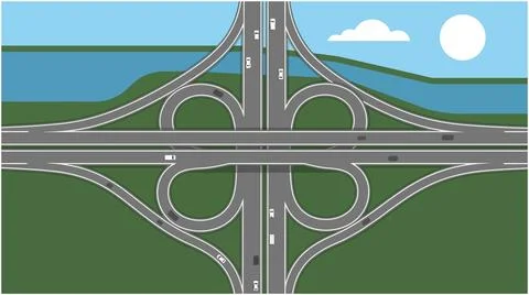 Highway interchange overpass with traffic and landscape view, interchange Stock Illustration