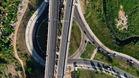 Highway interchange shown from above 스톡 사진