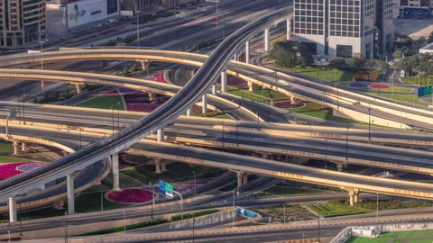 Highway intersection and overpass of Dubai downtown aerial timelapse. Stock Footage 167659951