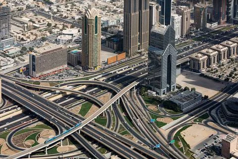 Highway intersection and overpass of Dubai from the observation deck of Burj Stock Photos