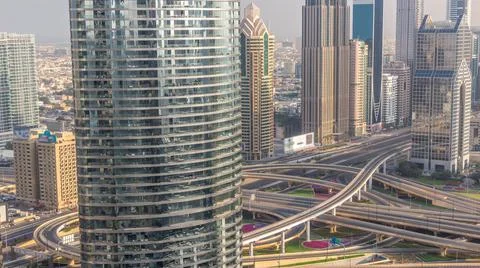 Highway intersection and overpass of Dubai downtown aerial timelapse. Stock Photos