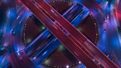 Highway intersection circle night timelapse concept with aerial top-down view. Video stock 118281762