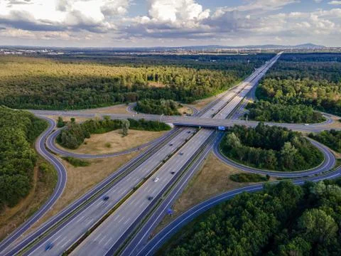 The highway intersection of highway 5 next to Darmstadt, Germany. Stock Photos