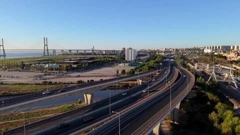 Highway intersection with light traffic and large bridge Stock Footage 345227048