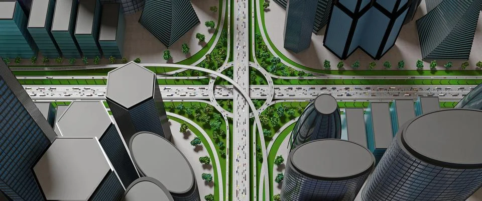Highway intersection/ road interchange in the city with heavy traffic - 3D il イラスト素材
