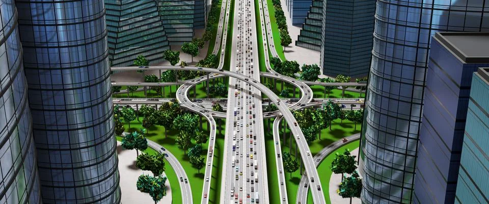 Highway intersection/ road interchange in the city with heavy traffic - 3D il イラスト素材