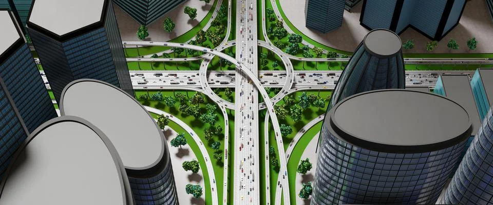 Highway intersection/ road interchange in the city with heavy traffic - 3D il Illustrazione stock