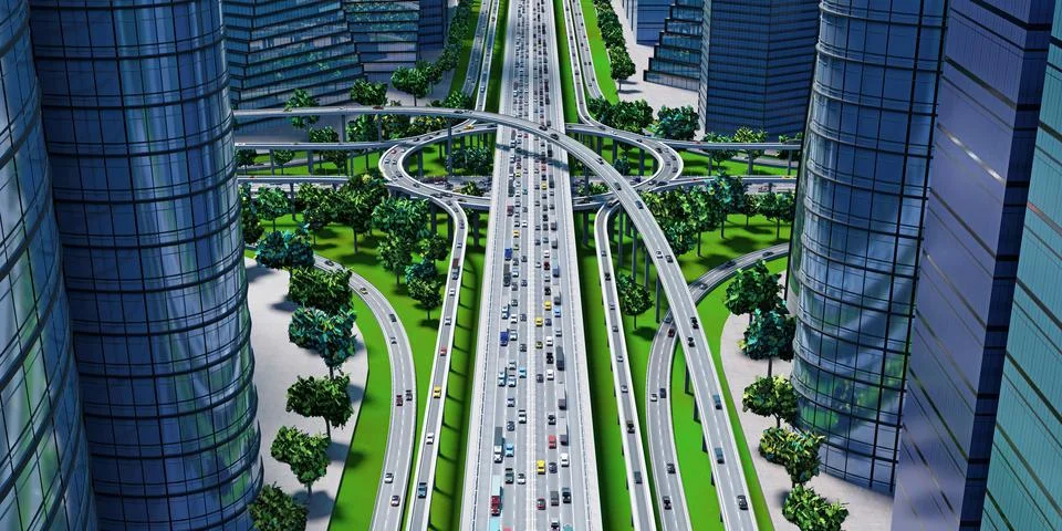 Highway intersection/ road interchange in the city with heavy traffic - 3D il 스톡 일러스트