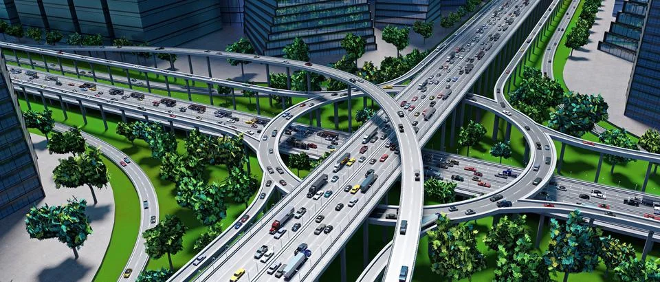 Highway intersection/ road interchange in the city with heavy traffic - 3D il Ilustração Stock