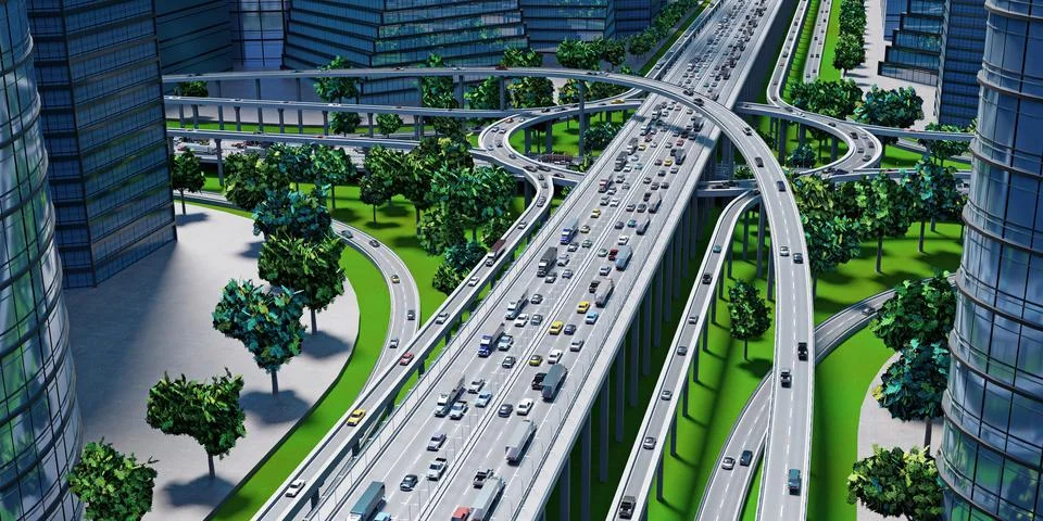 Highway intersection/ road interchange in the city with heavy traffic - 3D il 스톡 일러스트