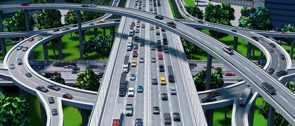 Highway intersection/ road interchange in the city with heavy traffic - 3D il Ilustração Stock