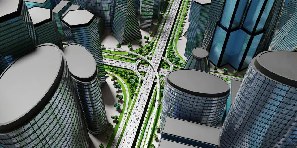 Highway intersection/ road interchange in the city with heavy traffic - 3D il Stock Illustration