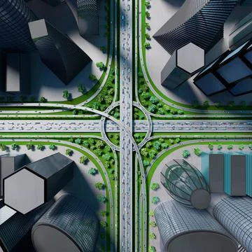 Highway intersection/ road interchange in the city with heavy traffic - 3D il Stock-Illustration