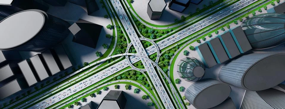 Highway intersection/ road interchange in the city with heavy traffic - 3D il Ilustración de archivo