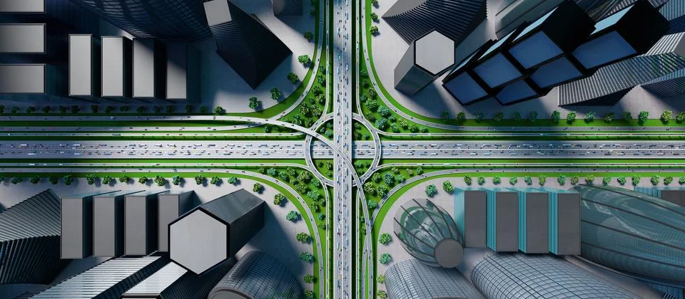 Highway intersection/ road interchange in the city with heavy traffic - 3D il 스톡 일러스트