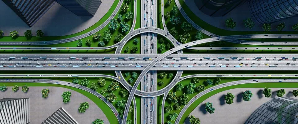 Highway intersection/ road interchange in the city with heavy traffic - 3D il Stockillustratie