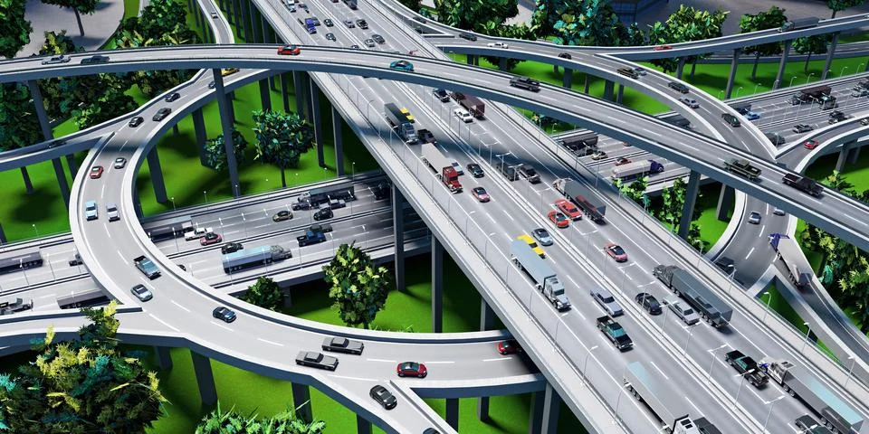 Highway intersection/ road interchange with roundabout - 3D illustration Illustrazione stock