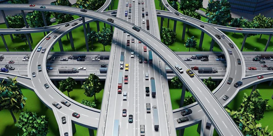 Highway intersection/ road interchange with roundabout - 3D illustration Ilustração Stock