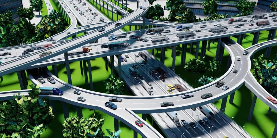 Highway intersection/ road interchange with roundabout - 3D illustration Stock Illustration