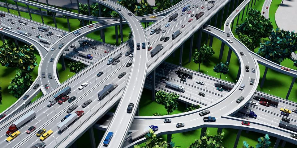 Highway intersection/ road interchange with roundabout - 3D illustration Stock-Illustration