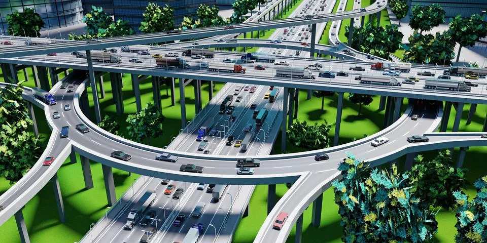 Highway intersection/ road interchange with roundabout - 3D illustration Illustrazione stock