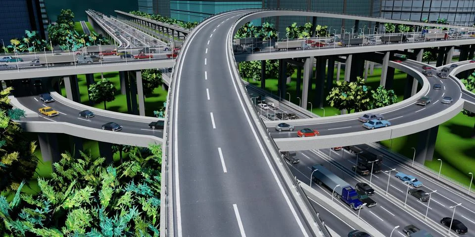 Highway intersection/ road interchange with roundabout - 3D illustration Illustrazione stock