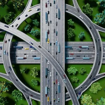 Highway intersection/ road interchange - view from the above - 3D illustratio Illustrazione stock