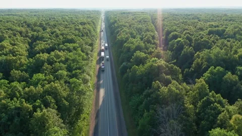 The highway in the middle of the forest is loaded with freight traffic. Drone Stock Footage 157624653