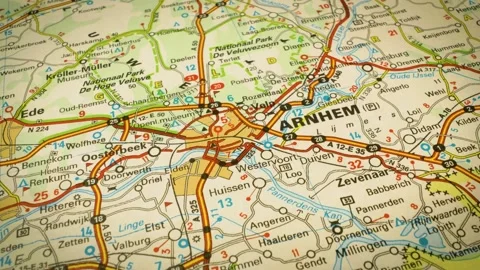 Highway network to Arnhem, Netherlands – smooth camera movement over atlas Stock Footage 346187977