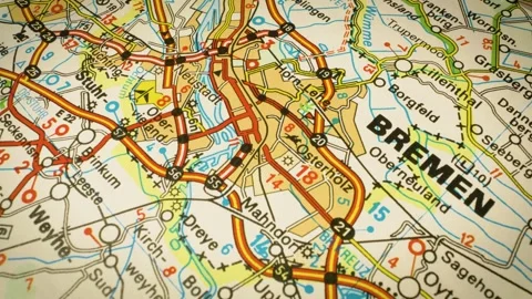 Highway network to Bremen, Germany – smooth camera movement over atlas Stock Footage 346187993