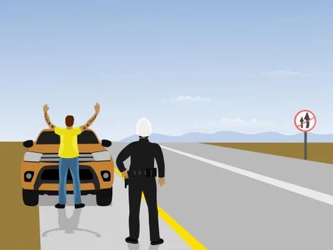 Highway patrol is instructing men to stand back and hold hands in front of ca Stock Illustration