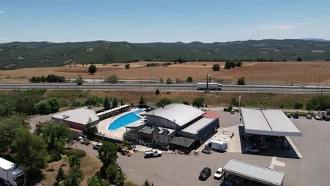 Highway Rest Area Station in Grevena Motorway Greece, Aerial Point of Interest Stock Footage 340411929